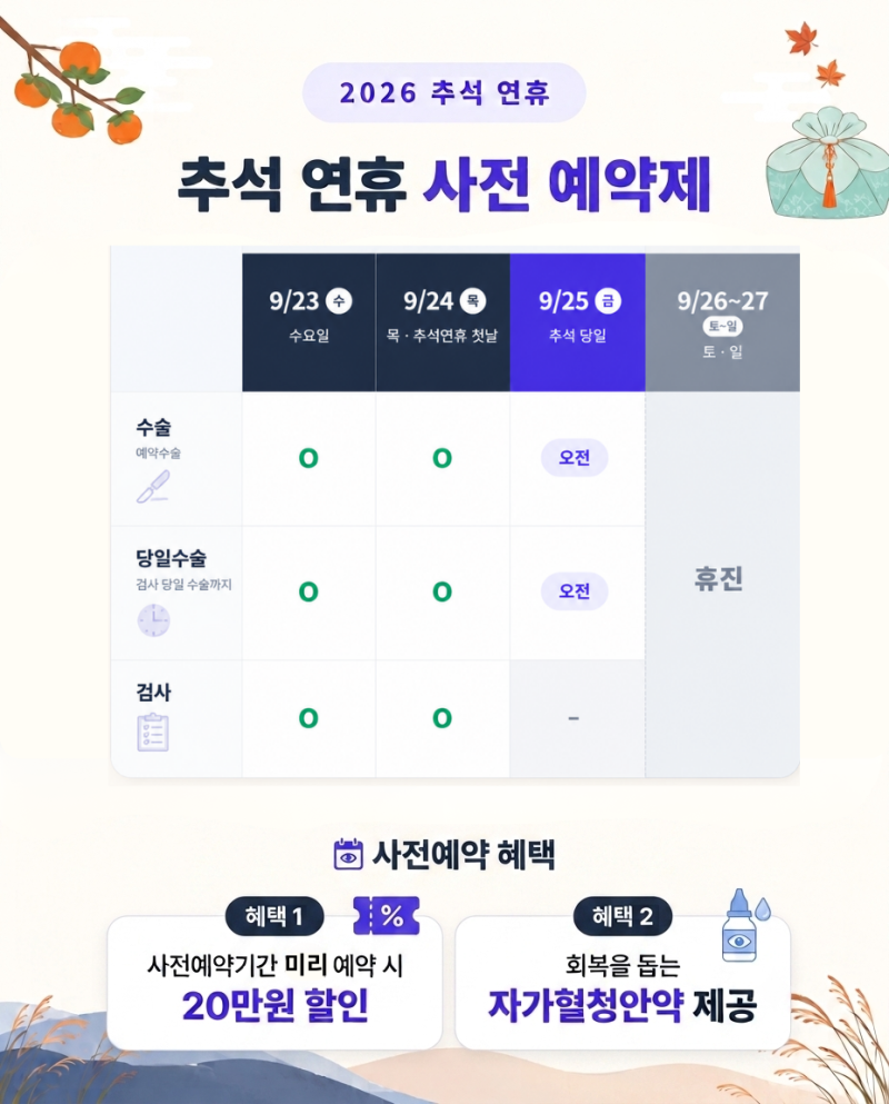 2026 추석연휴 시력교정술 사전예약｜아이리움안과 9/23(수)-25(금, 추석) 진료일정